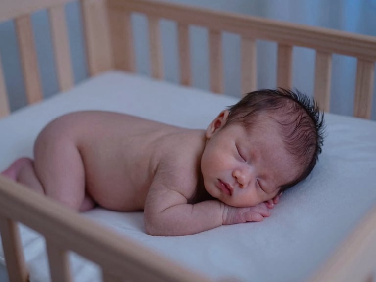 Warm editorial photography, soft twilight lamp light, a peaceful newborn sleeping safely in a wooden crib, shallow depth of field, 35mm