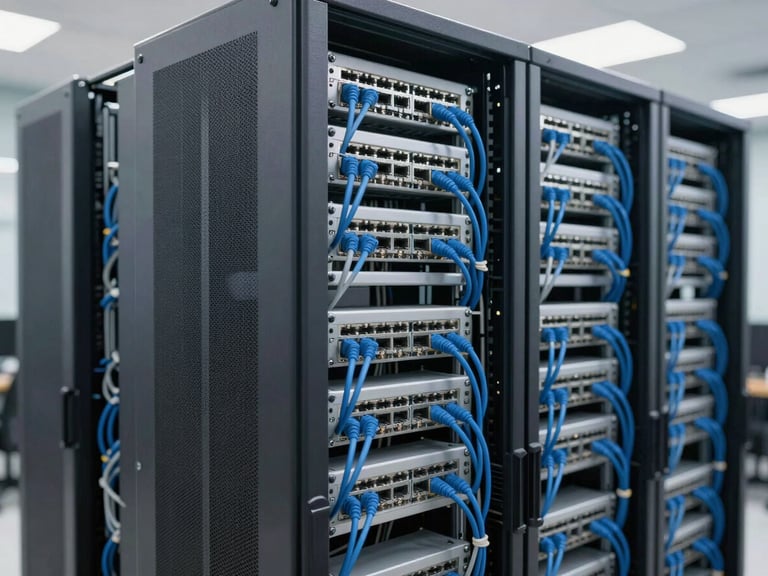 Organized server rack with cleanly managed blue and grey network cables, bright commercial interior lighting, sharp focus, medium shot