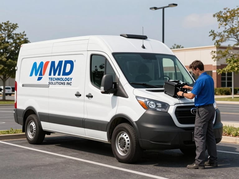 Branded MD TECHNOLOGY SOLUTIONS INC service vehicle parked in a Northern Virginia business park at daylight, technician loading equipment, sharp focus