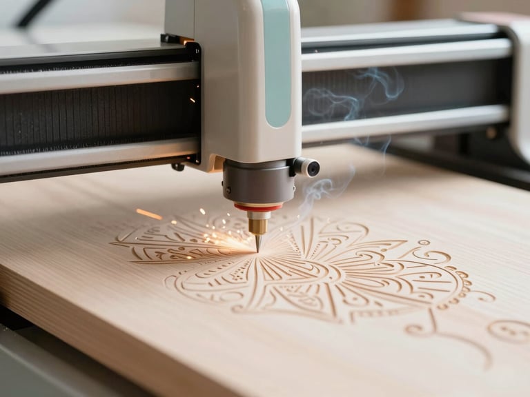 Close-up of a laser cutter machine engraving intricate patterns onto a piece of light wood, sparks and smoke visible, soft natural light, workshop environment, Tao illustration in background