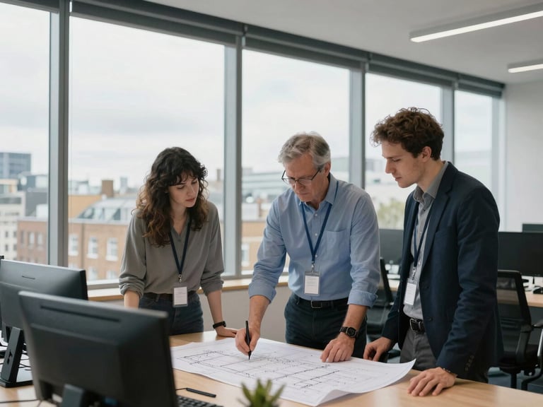 Engineers collaborating on blueprints in a modern, clean London office, natural window light, crisp documentary photography.