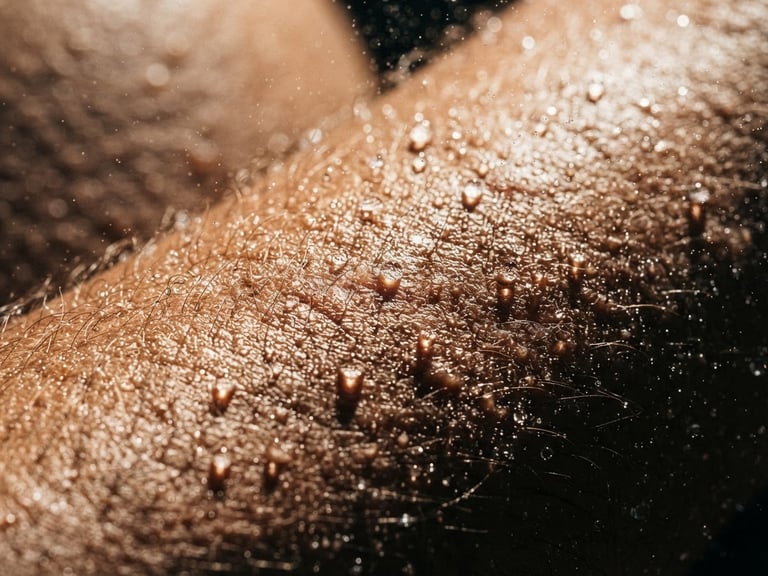 Macro shot of human skin with a fine mist of perfume settling, creating tiny droplets, under harsh direct sunlight with sharp shadows, high contrast saturated tones, raw textures.