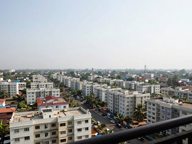 Wide panoramic view of a Vasai or Virar residential neighbourhood from a high balcony, rows of apartment buildings stretching toward the horizon under a bright overcast sky, an invisible grill netting barely visible in the foreground frame, natural daylight, environmental and unposed
