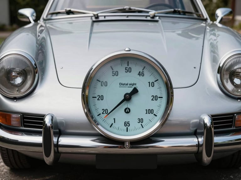 A digital paint-meter displaying micron thickness against the clean steel fender of a classic silver sports car, straight-on technical framing.