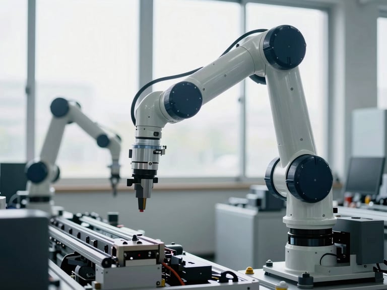 Close-up of robotic arm on a manufacturing assembly line, bright natural light, cool tones, showing precision and automation, crisp shadows.