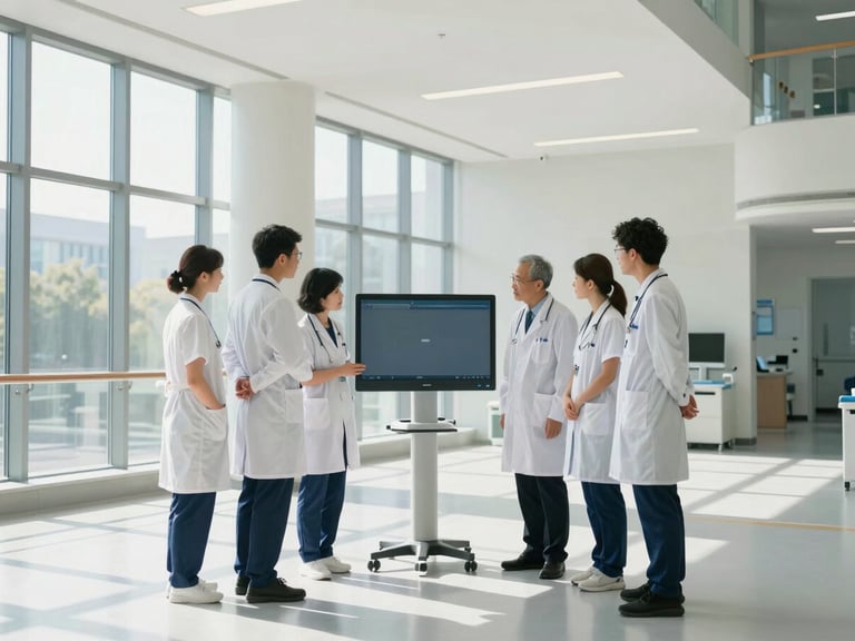 Medical professionals collaborating around a digital display in a clean, modern hospital environment, natural light, focused discussion, crisp shadows.