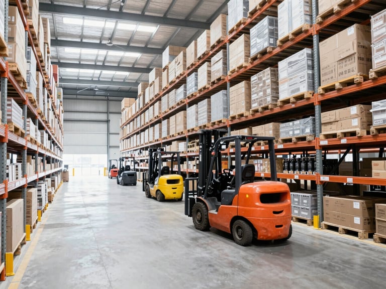 Wide shot inside a modern logistics warehouse, high ceilings, organized aisles of shelves, forklifts moving efficiently, bright daylight, cool desaturated tones.