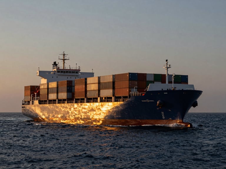 Low-key dramatic wide shot of a massive container vessel cutting through deep ocean water at twilight, golden hour reflections on the hull, minimal atmospheric mist.