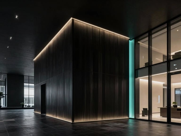 Sleek modern architectural interior of a high-end office, high-contrast dark lighting, subtle teal ambient glows, sharp 35mm lens