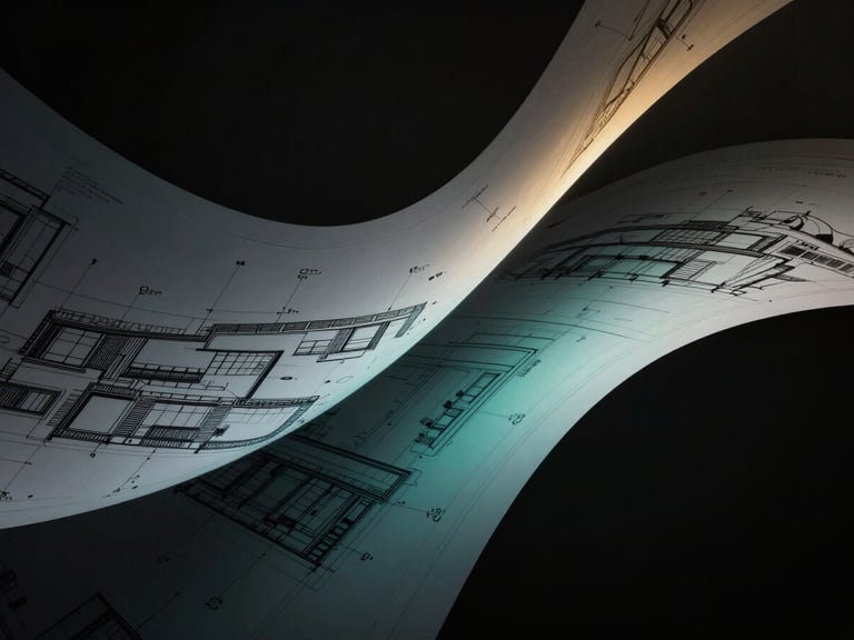 Abstract digital flows intersecting with physical architectural blueprints, high-contrast lighting, deep shadows, subtle teal glow