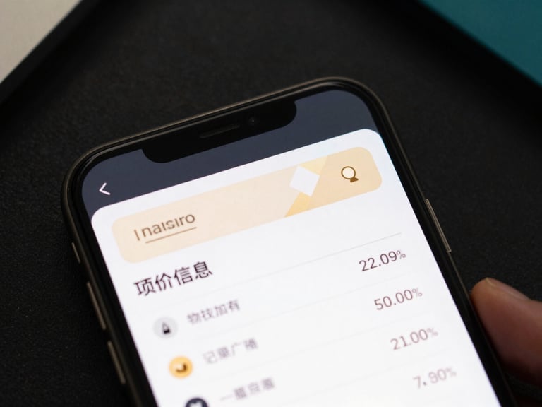 Sleek close-up of a mobile screen displaying a clean real estate data dashboard, dark mode, subtle gold highlights, sharp focus
