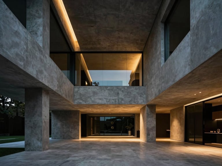 Sleek modern architectural interior of a luxury villa, sharp concrete lines, high-contrast dramatic lighting, subtle gold ambient glow, wide angle