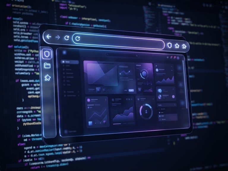 Sleek 3D digital render of a dark glassmorphic web browser interface, glowing violet and electric blue highlights, ultra-sharp macro detail, clean code editor blurred in background, 8k resolution
