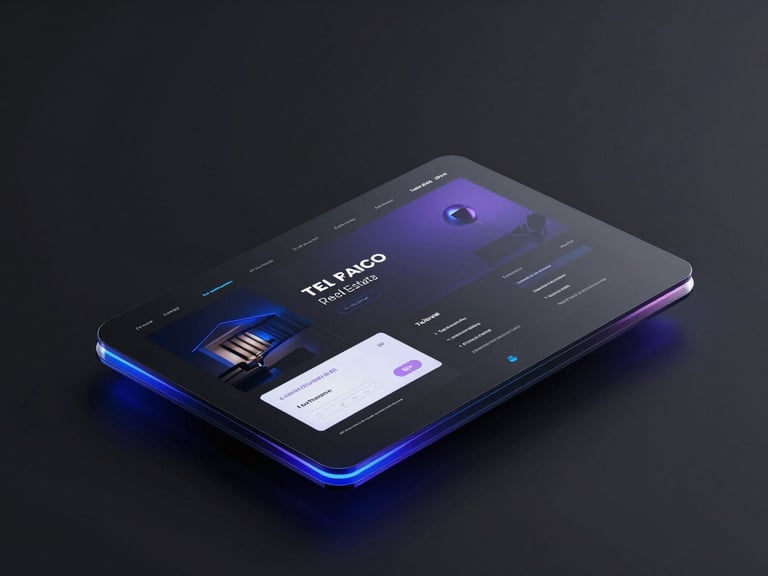 Sleek 3D digital render of an elegant real estate web interface, dark minimalist aesthetic, glowing electric blue highlights, glassmorphism, ultra-sharp details.