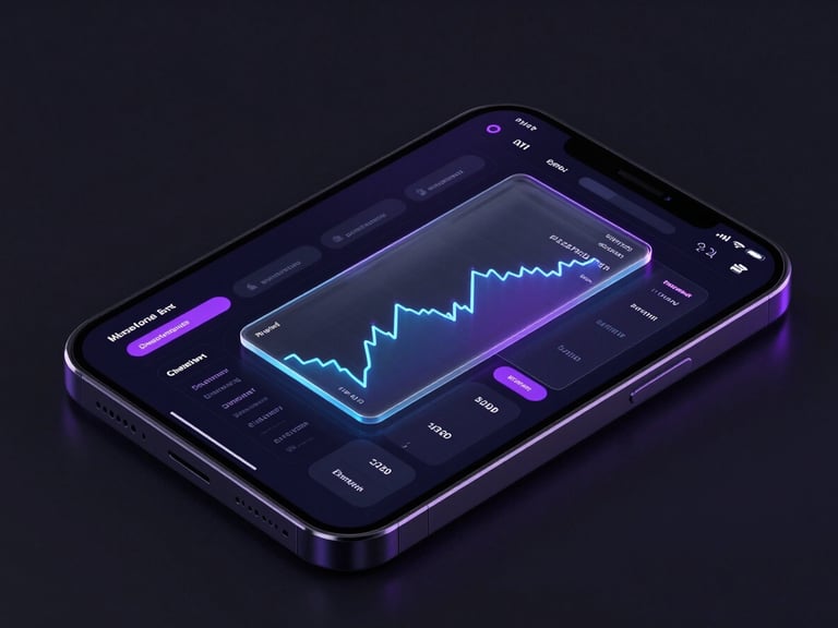 Sleek 3D digital render of a mobile and desktop screen displaying a dark-mode financial dashboard, glowing violet accents, translucent glass cards, sharp macro detail, obsidian background.