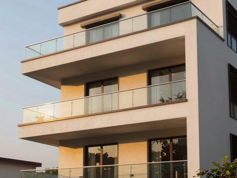 A modern three-story luxury independent floor in DLF Phase 2 Gurgaon, sharp clean architectural lines, warm golden hour sunlight reflecting off glass balconies, professional architectural photography