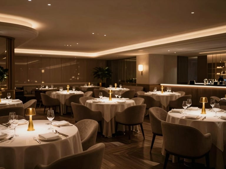 Pristine empty luxury restaurant interior before service, low-key dramatic architectural lighting, warm champagne gold accents on tables, 35mm editorial photography, shallow depth of field
