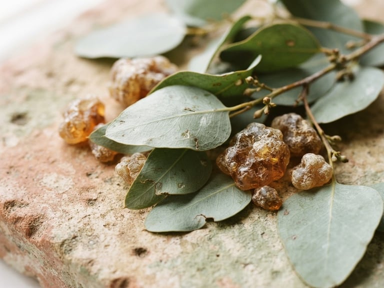 Close-up macro shot of raw eucalyptus leaves and amber resin on a textured stone surface, soft morning light, muted sage and terracotta tones, 35mm