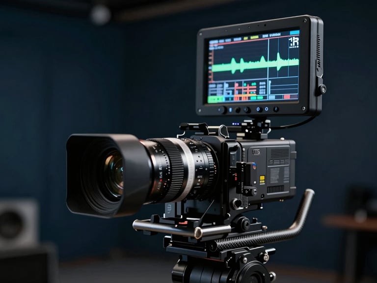 Close-up of a high-end cinema camera setup on a carbon fiber stabilizer, professional monitor displaying a calibrated waveform, dim studio background