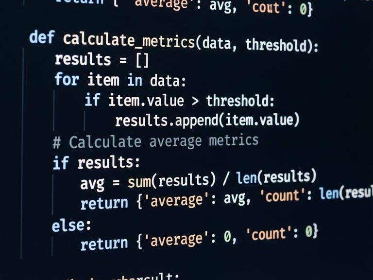 Macro photograph of clean, structured code on a dark monitor, high-key studio lighting, crisp white and navy blue tones, sharp focus, 35mm