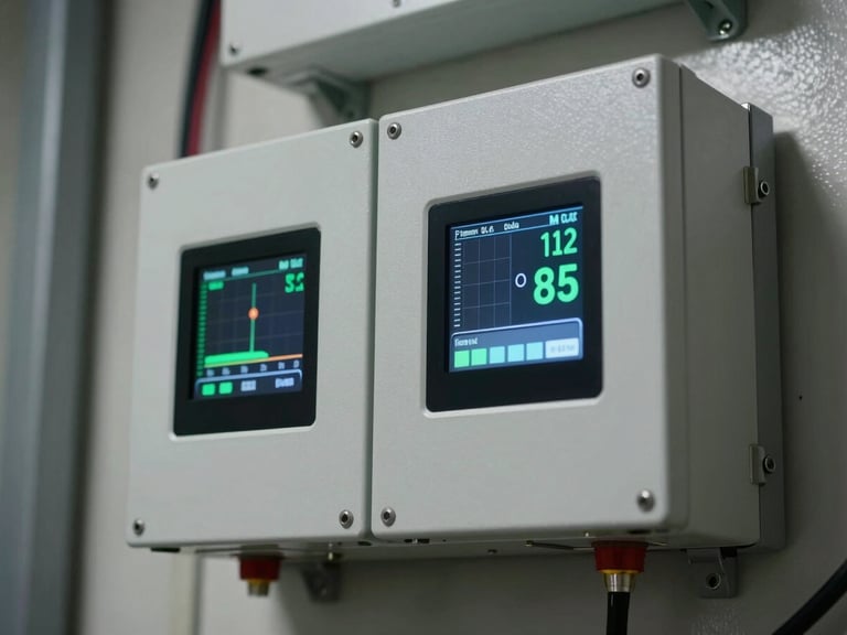 Close-up macro shot of a premium solar inverter mounted on an industrial wall, showing digital telemetry screens with active power generation numbers, sharp industrial lighting.