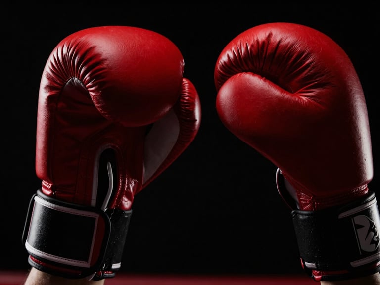 Close-up of a boxing glove being impact-tested in a controlled environment, dramatic high-contrast chiaroscuro lighting, sharp key light, deep shadows.