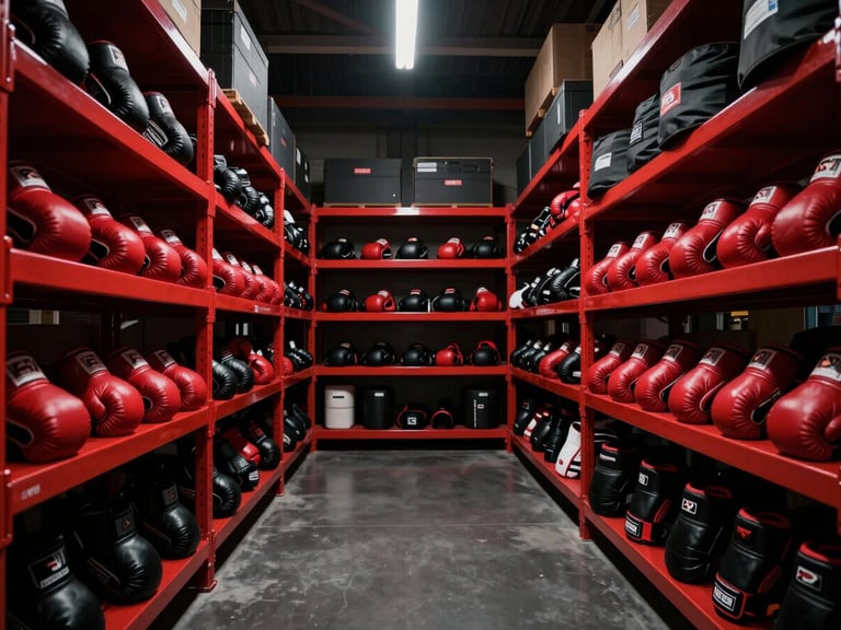 Wide cinematic shot of a modern, clean logistics warehouse interior with boxing gloves and MMA gear on shelves, high-contrast lighting, deep red and black tones, sharp focus, 35mm lens
