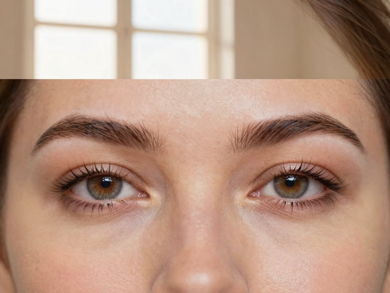 Imagem de antes e depois de um design de sobrancelhas e maquiagem leve, destacando o olhar e a simetria facial, com luz de janela suave.