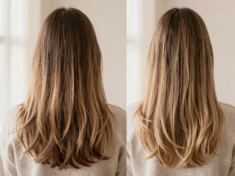 Imagem de antes e depois de um corte de cabelo feminino com coloração, mostrando a transição de um cabelo sem forma para um estilo elegante e iluminado, sob luz natural suave.