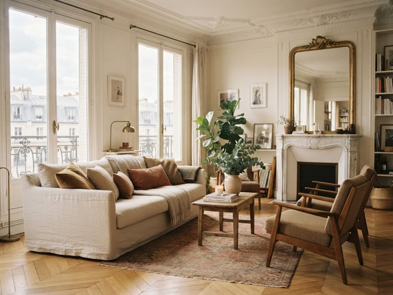 Soft natural Parisian daylight streaming through tall Haussmannian windows, showcasing a beautifully curated living room with high ceilings and elegant crown molding, 35mm film look.