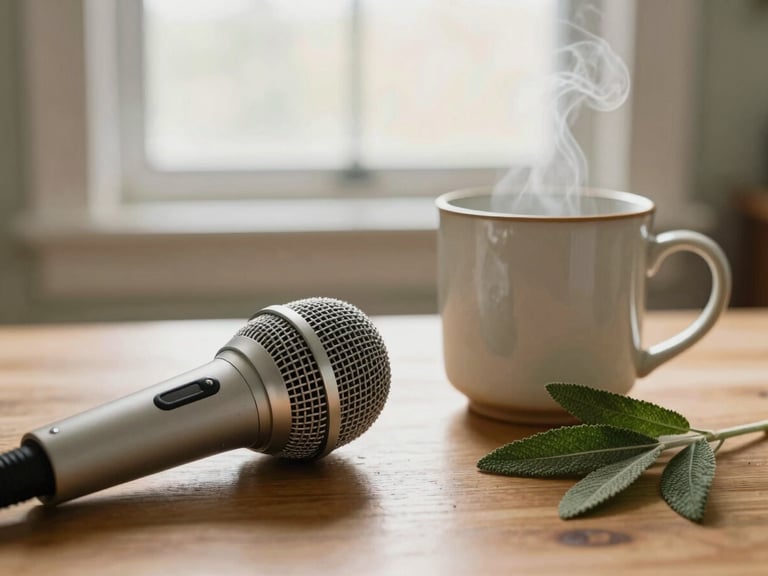 A close-up of a high-quality microphone on a wooden table next to a steaming ceramic mug and a green sage leaf, soft morning window light, warm editorial style.