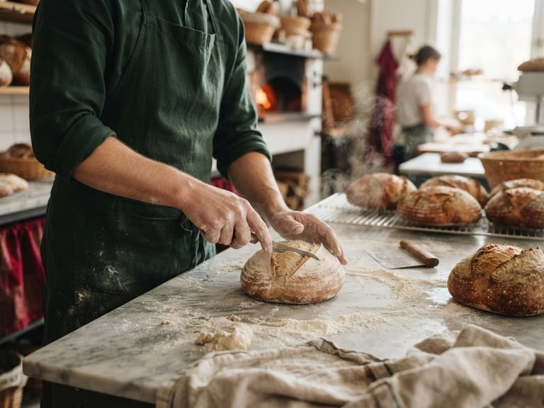Hands prepping fresh sourdough loaves on a flour-dusted marble counter, steam rising in a rustic bakery, soft morning daylight.