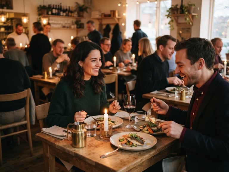 A busy, warm Scandinavian-style restaurant dining room at dusk, soft ambient candle light, diners enjoying plates, shallow depth of field.