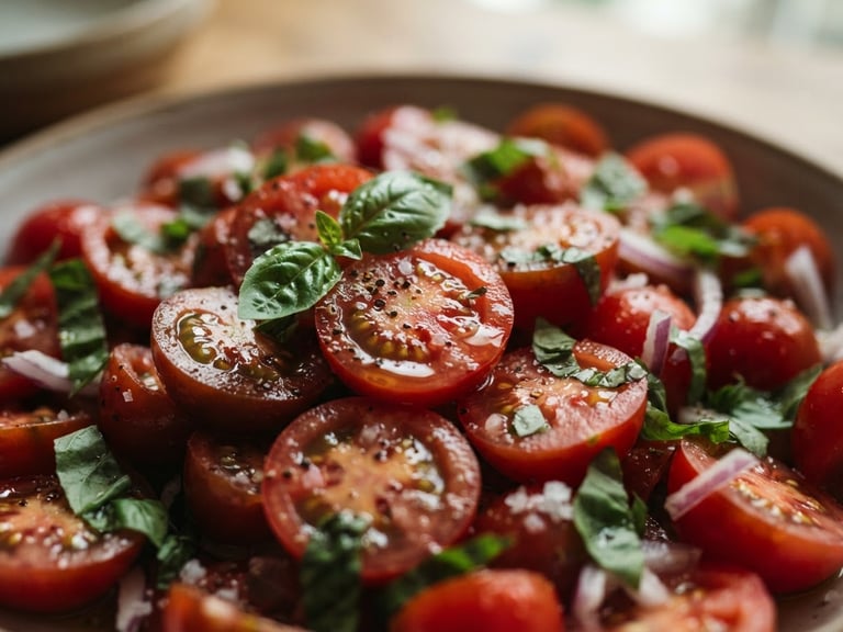 Macro shot of a vibrant red tomato salad with olive oil droplets glistening under soft, natural window light.