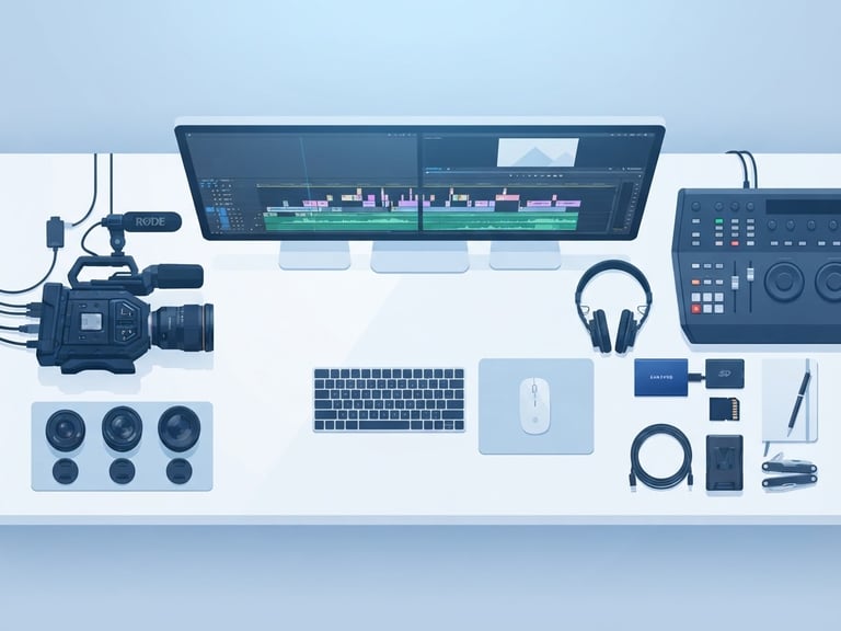 Overhead flat-lay of professional video production gear, camera lenses, and a dual-monitor setup showing an editing timeline, soft cool blue light.