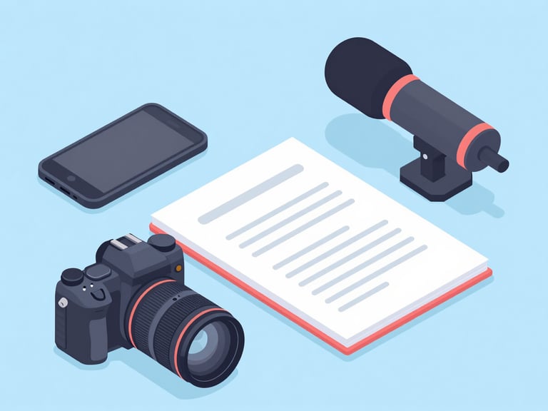 Flat-lay arrangement of modern creator gear including a camera, microphone, and storyboard notebook on a clean light blue desk, bright even studio lighting, soft shadows.