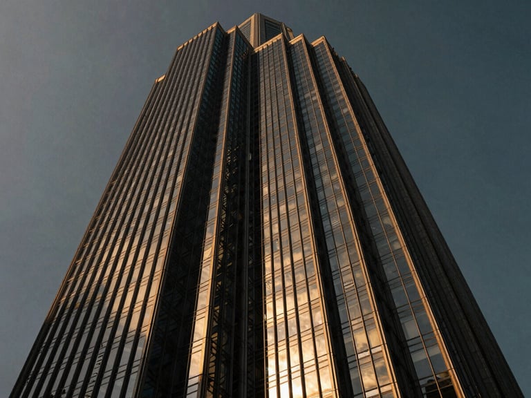 Low-angle dramatic architectural photograph of a towering skyscraper at golden hour, sharp metallic gold reflections on glass, deep shadows, cinematic.