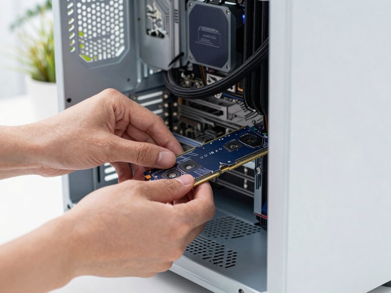 Close-up of hands installing RAM into a desktop computer, clean professional workspace, bright natural daylight, crisp navy and white tones, sharp focus.