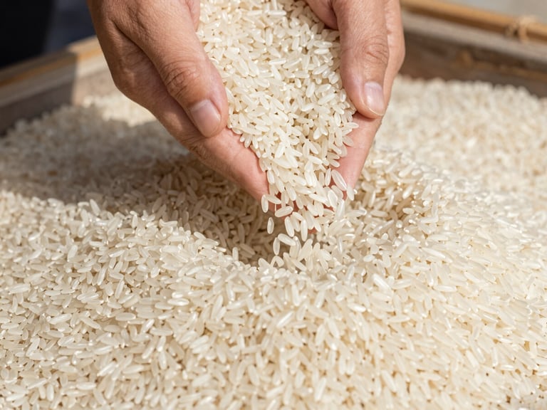 Detailed close-up of polished long-grain white rice trickling through hands in a bright warehouse loading dock, natural harsh shadows.