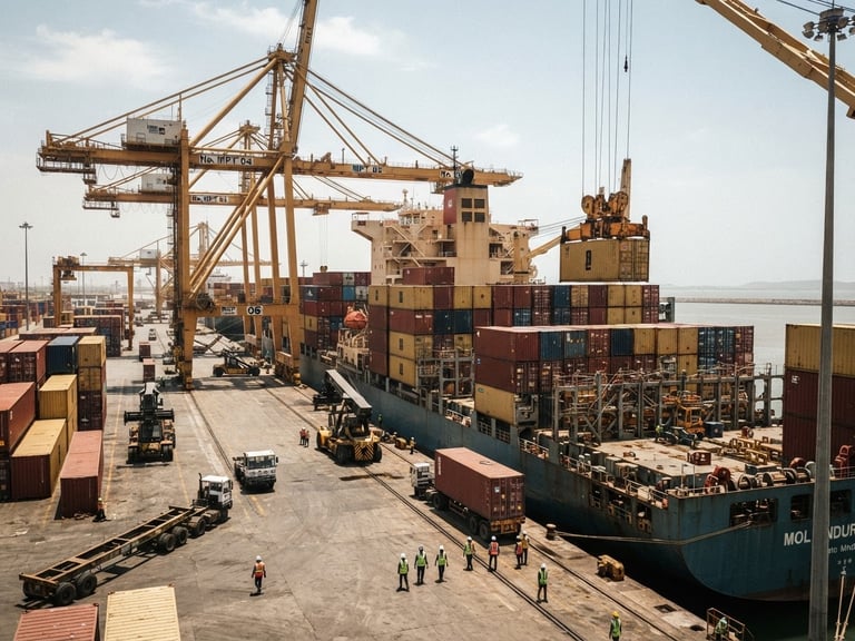 Wide-angle shot of a cargo ship being loaded with containers at Mundra Port under natural harsh daylight, industrial cranes in the background.