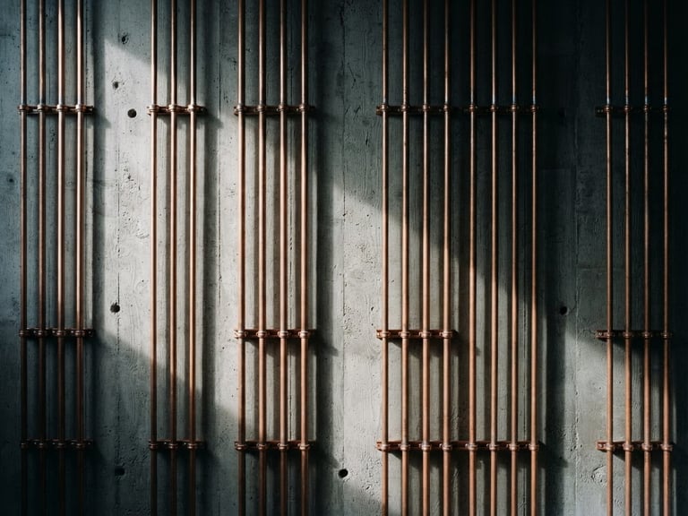Symmetrical architectural view of a raw concrete wall with perfectly parallel copper conduits running vertically, crisp shadows, cool daylight, 35mm