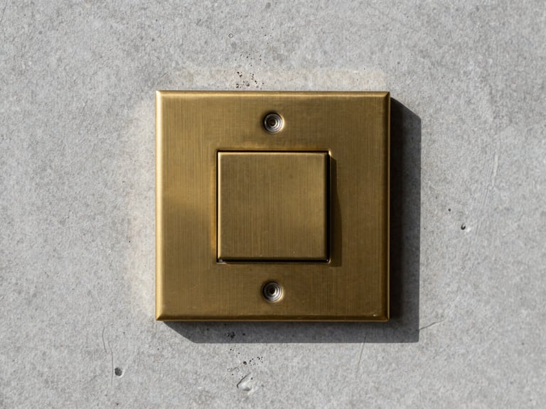 Macro shot of a flush-mounted custom brass switchplate on a raw concrete wall, crisp shadows, cool daylight, sharp focus, 35mm
