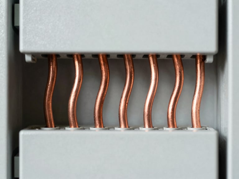 Perfect geometric layout of copper wiring inside a clean, modern breaker panel, wires perfectly bent at 90-degree angles, high contrast, 35mm