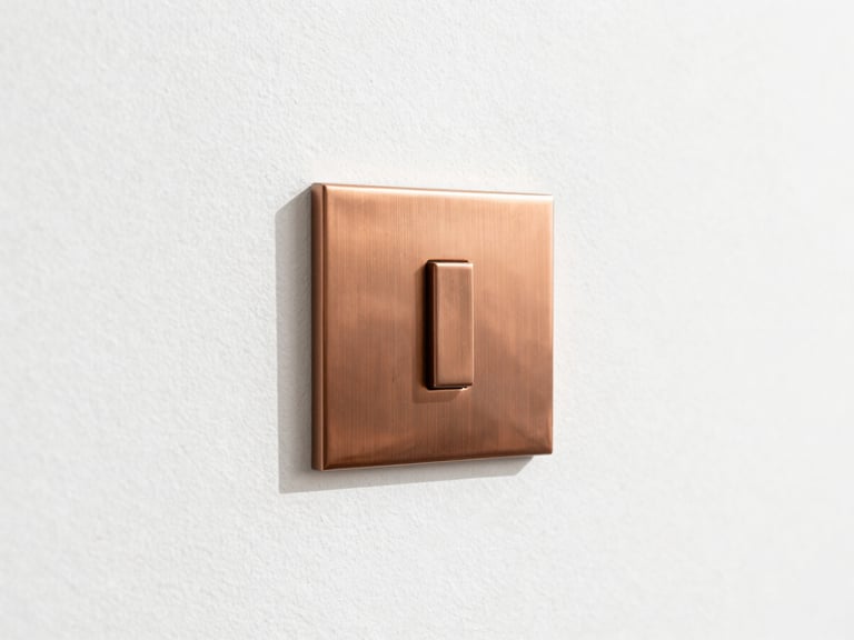 Detail of a minimalist copper switchplate flush-mounted on pristine white plaster, crisp architectural shadows, 35mm.