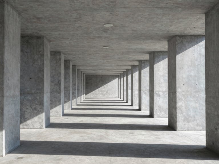 Symmetrical wide shot of a minimalist concrete corridor with linear recessed lighting casting crisp shadows, cool daylight, 35mm