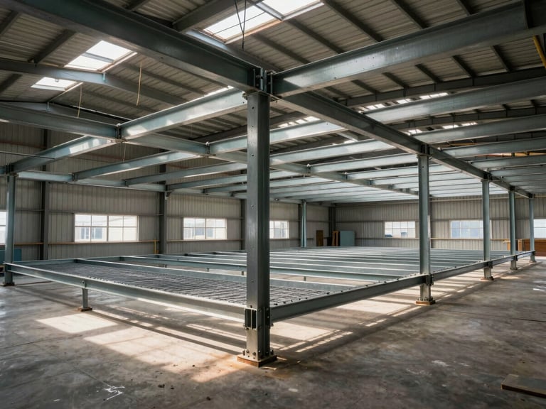 Wide environmental shot of a completed steel mezzanine structure inside an active warehouse, overhead tungsten lighting casting long shadows across the structural spans, visible bolt connections and grating surfaces, no workers present — evidence of finished workmanship