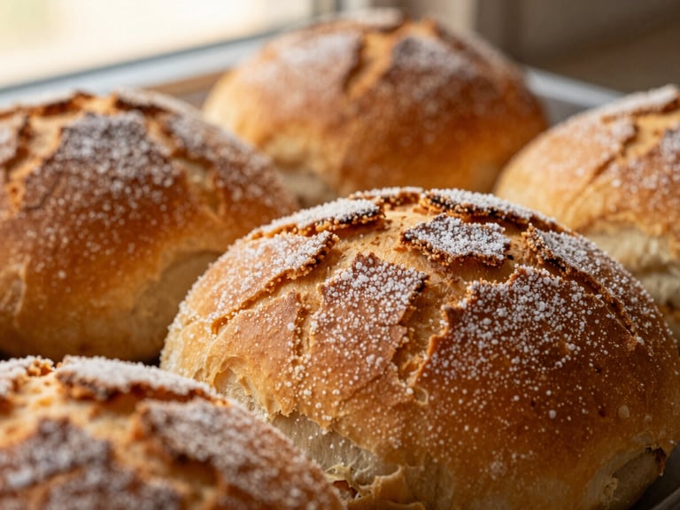 Macro close-up of golden-brown traditional Mexican concha sweet bread fresh from the oven, showing the distinct sugary cracked pattern on top, warm morning window light, shallow depth of field