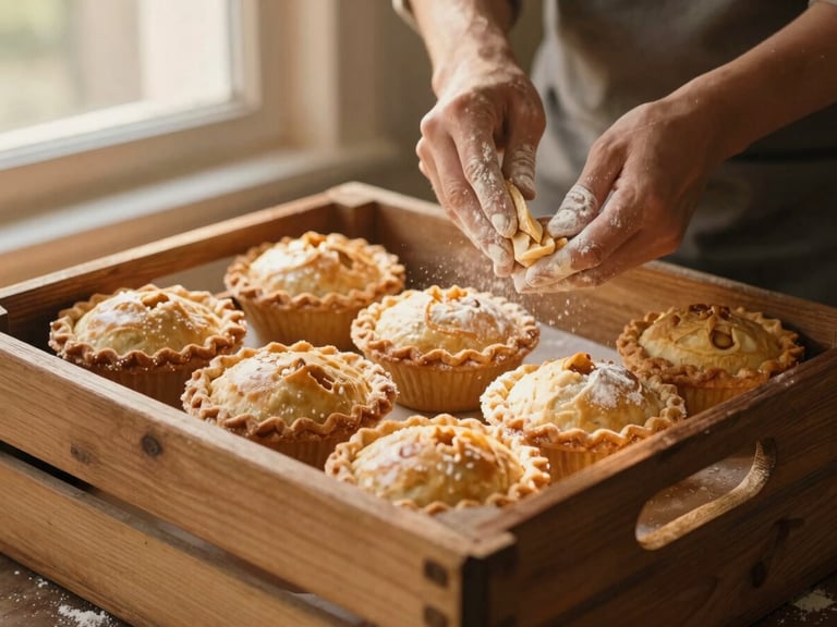 A rustic wooden catering crate filled with golden-brown artisanal pies and freshly baked conchas, warm natural light, hands dusting flour in the background, 35mm film.