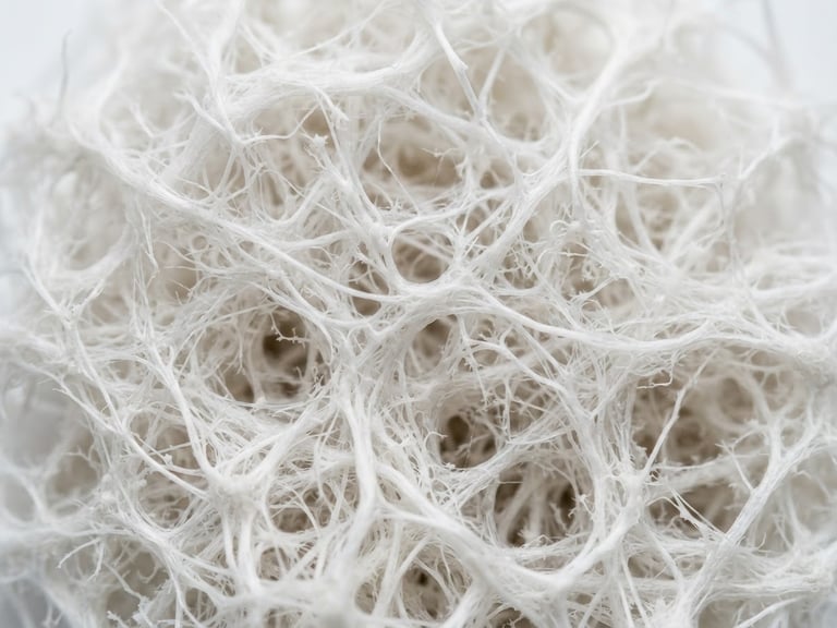 Macro photograph of dense, engineered mycelium fiber structure in a bright clinical laboratory, white background, high-contrast scientific detail.