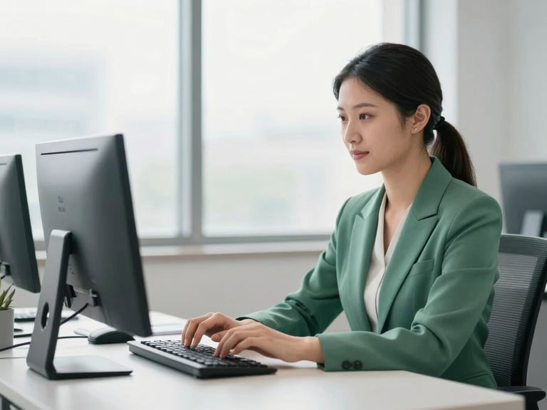 A professional outbound sales agent typing on a clean desktop setup in a bright, modern office, natural diffused window light